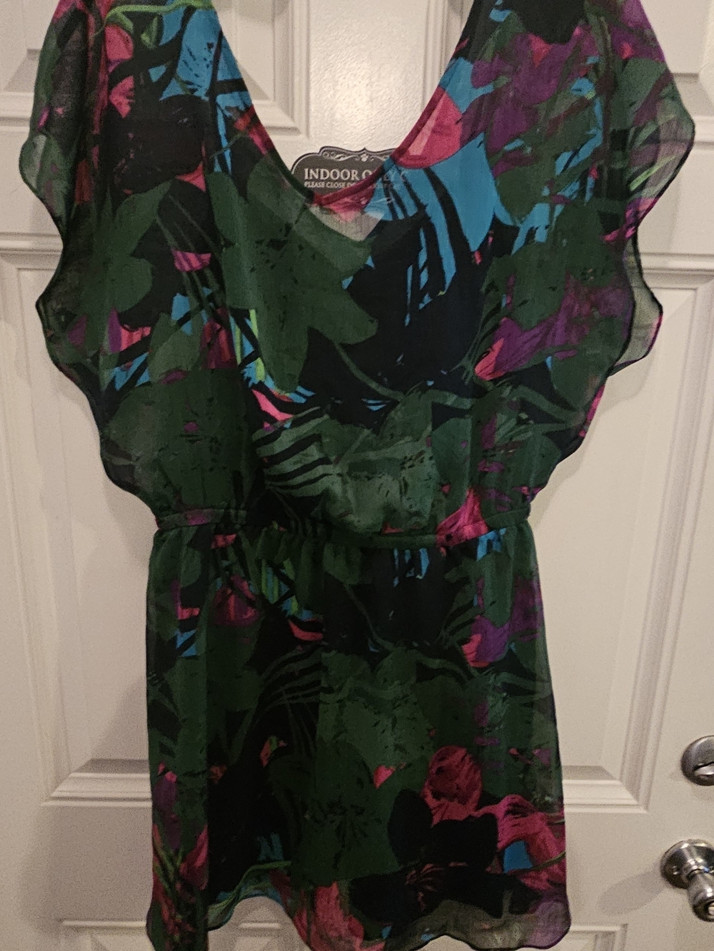 Express Green Floral Mini Dress with Pink, Blue & Purple Accents